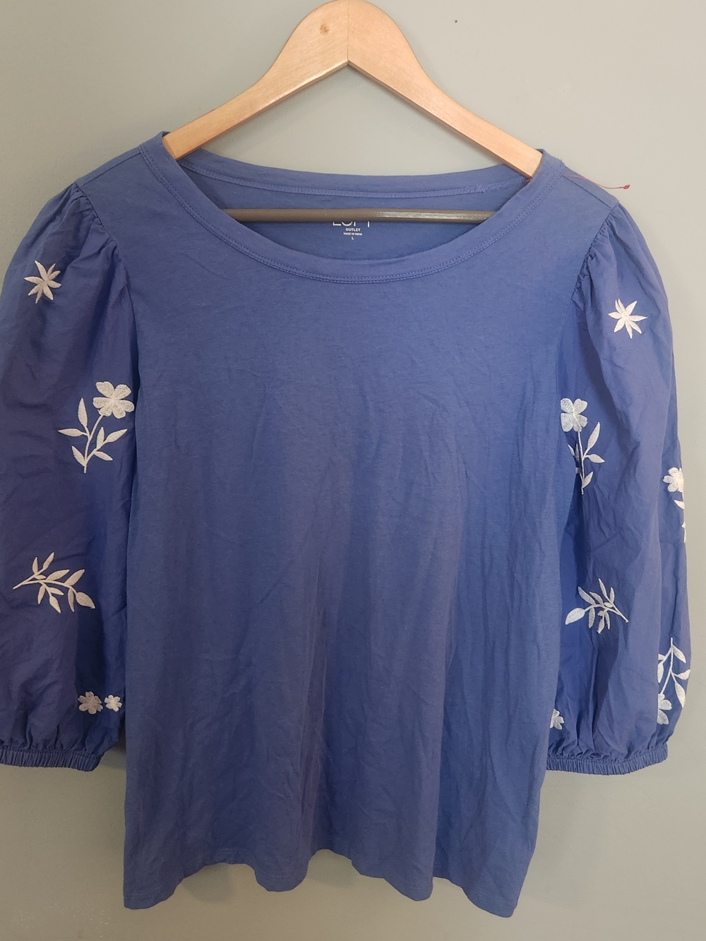 LOFT Periwinkle Blue Puff-Sleeve Embroidered Top